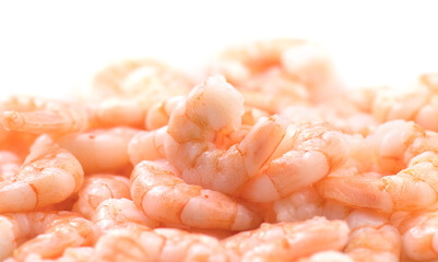 Shrimps. Fresh peeled Prawns isolated on white background.  Preparing healthy seafood, cooking, diet, nutrition concept. Sea food, border design.  - 779236098