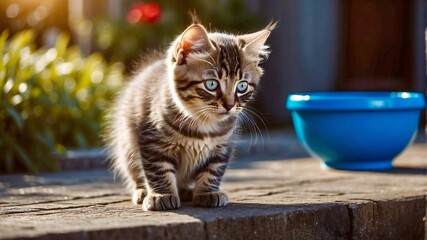 A striped kitten near a bowl of food