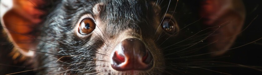 Experience the intensity of the Tasmanian devil's gaze in this close-up, reflecting the spirit of this distinctive marsupial.