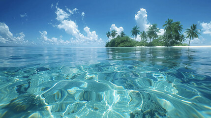 half under water picture remote tropical island beach, hyper realistic 