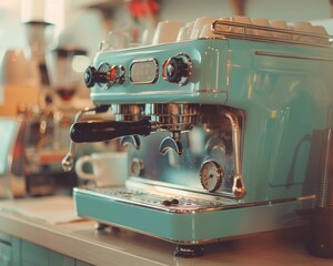 Transport yourself to a bygone era within a modern cafe setting, as our close-up shot highlights a retro espresso machine, bridging the gap between past and present. - obrazy, fototapety, plakaty
