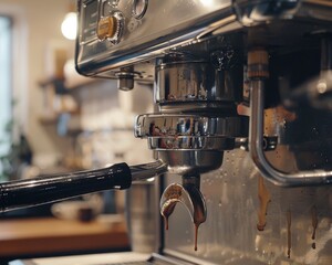 Capture the essence of nostalgia in today's coffee culture with a close-up view of a vintage espresso machine nestled in a modern cafe, where timeless aesthetics meet contemporary comfort. - obrazy, fototapety, plakaty