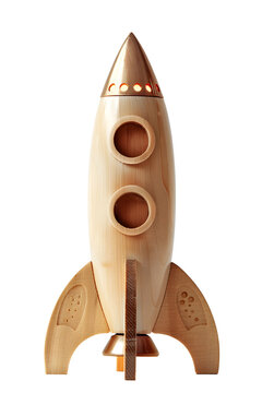 Launch of a wooden rocket isolated on clear background, handmade. Successful startup concept.on white background.