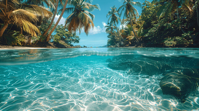 half under water picture remote tropical island beach, hyper realistic 