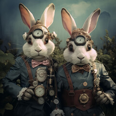 "Discover whimsical steampunk-style bunnies in pastel hues for Easter Bunny Day celebrations."