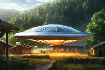 Alien flying saucer on street of old village with wooden houses. Alien abduction concept. UFO kidnapping. Painted picture. Generative AI.