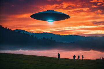 Invasion alien flying saucer. UFO lands in evening highlans valley. Alien abduction concept. Painted picture. Generative AI.