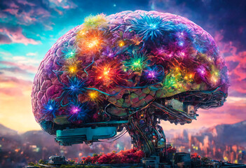 Giant illuminated flowering fantastic tree shaped brain chip in futuristic world. Symbolic of artificial intelligence center controlling humanity. - 779237610