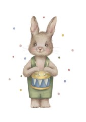 Bunny rabbit in overalls watercolor illustration with a gold blue drum on the white background