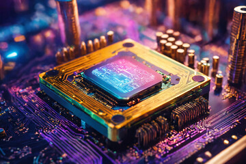 Illuminated futuristic computer chip  on the motherboard. Processor on printed circuit board. Selective focus.
