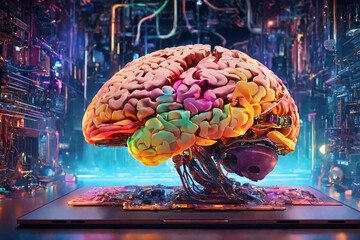 Colorful fantastic brain shaped chip on the motherboard. Symbolic processor of artificial intelligence controlling humanity. - 779237634