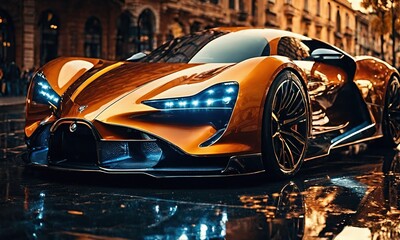 luxury sports car sunset scene.with Generative AI technology