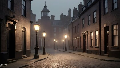 Victorian-Street-Lamplighters-Gas-Lamps-Cobblest- 3 - obrazy, fototapety, plakaty