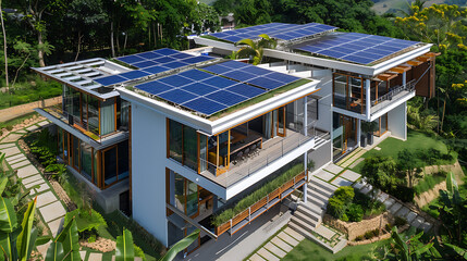 a modern house with several sections, each topped with blue solar panels