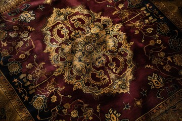 A Persian rug in deep crimson and gold, centrally placed, commands attention with intricate details.
