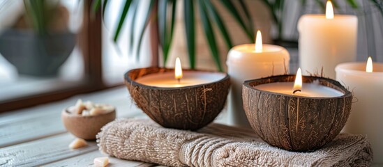 Several candles are softly glowing inside coconut bowls placed on a cloth on a tabletop - obrazy, fototapety, plakaty