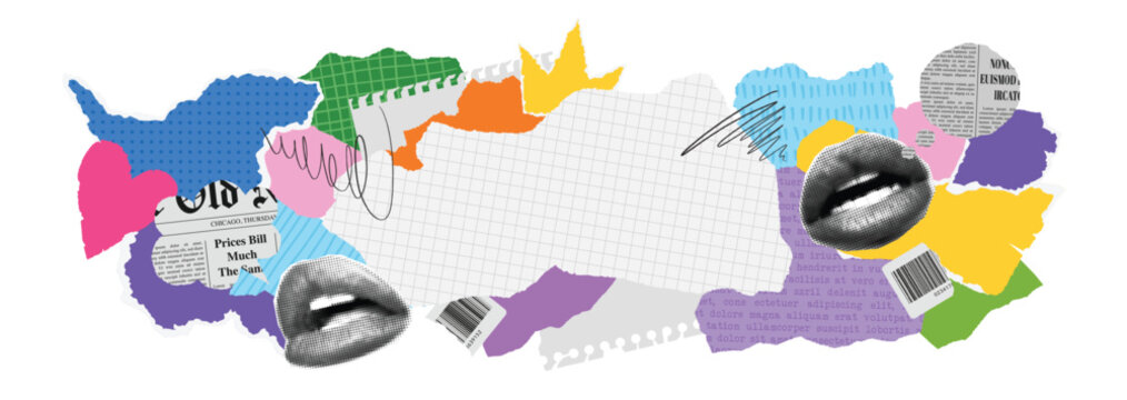 Vector collage banner. Modern trendy retro style. Torn newspaper, rip notebook sheets, scribble, craft notepaper, mouth, magazine speech bubbles. 