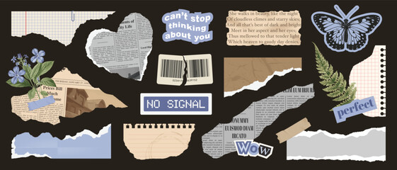 Trendy collage vector collection. Set of torn notepaper, old newspaper, cut gazette, collage rip elements, retro notebook sheets, craft labels. Retro grunge stickers for scrapbook and design.
