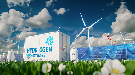 a hydrogen energy storage unit situated in a field alongside wind turbines and solar panels.  - obrazy, fototapety, plakaty