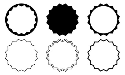 Set of round frames with wavy edges. Circle shapes with wiggly borders. Squiggly vignettes or mirrors, empty text boxes, tags or labels isolated on white background. Vector graphic illustration.