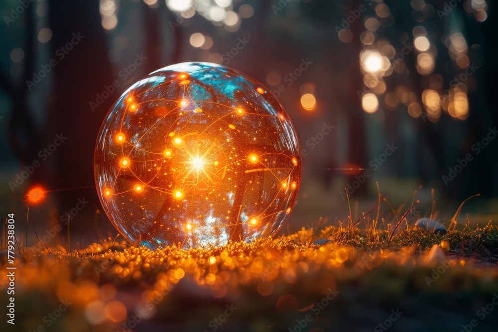 Poster a magical orb radiating with orange light placed among the trees creating a fantasy scene