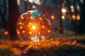 A magical orb radiating with orange light placed among the trees creating a fantasy scene