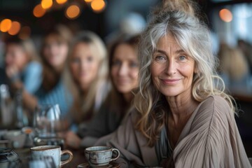 An older woman with grey hair smiling with friends over coffee in a blurry-background café setting