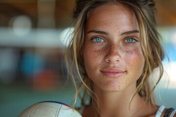A captivating young woman with blue eyes and freckles holding a volleyball, exuding confidence and...