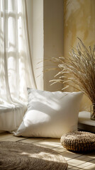 Warm sunlit living space with a comfortable cushion, sheer curtains, and dried plants, ideal for branding mockups