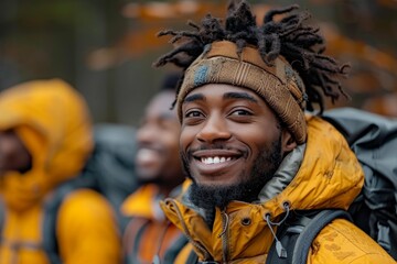 A joyful man with dreadlocks and a beanie hiking with friends wearing yellow jackets in fall foliage