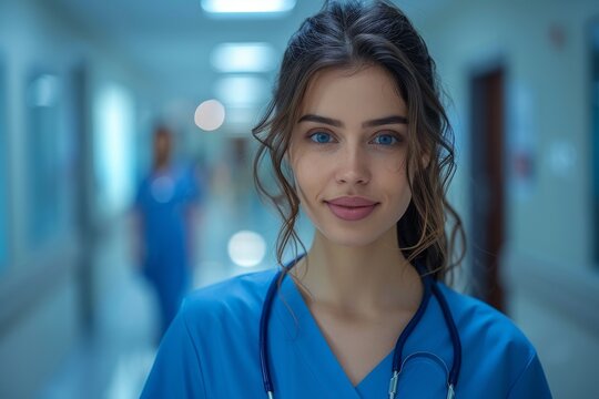 Portrait of a young female nurse in blue scrubs with a stethoscope in a hospital corridor, representing healthcare professionalism
