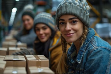 A group of cheerful workers in winter hats pose with shipping boxes in a warehouse environment