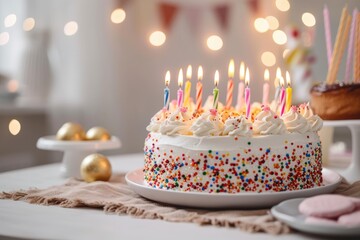 Vibrant birthday cake adorned with rainbow sprinkles and tall colorful candles, set against a backdrop of soft bokeh light for a festive atmosphere..