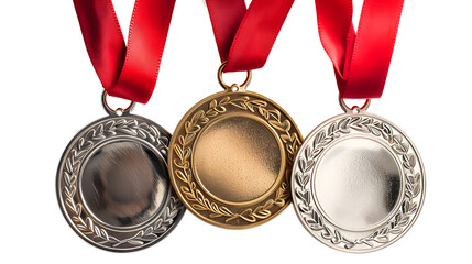 real Gold, silver and bronze medals hanging on red ribbons isolated on white background. - Powered by Adobe