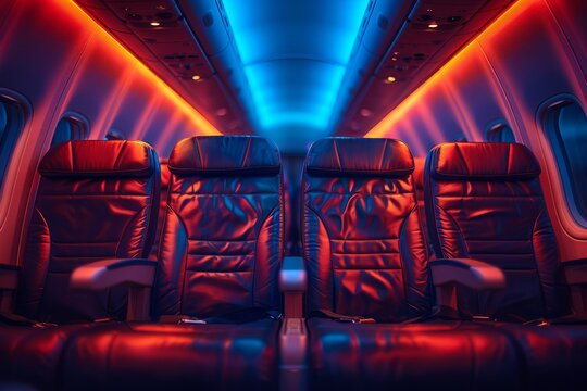 Vibrant red airline seats illuminated with atmospheric cabin lighting, showcasing an inviting travel experience