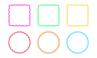 Set of colorful square and round frames with wavy borders. Wiggly shapes with blurry aura effect. Empty text boxes or web banner templates with soft gradient edges. Vector graphic illustration.
