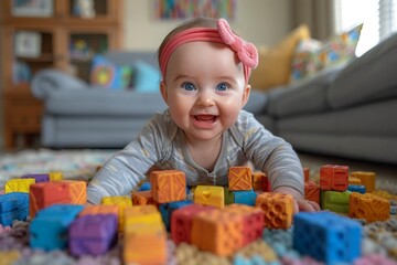 An adorable baby girl smiles while playing with vibrant building blocks on the floor