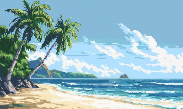 This image showcases a serene, pixelated tropical beach with lush palm trees, golden sand, and a tranquil ocean under a clear blue sky