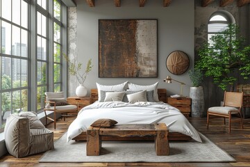 Picture of a rustic bedroom with a steel-framed bed, weathered wood benches, large abstract artwork, and industrial-style windows