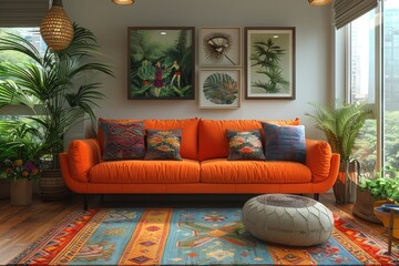 Inviting living room with an orange velvet sofa, vibrant textiles, eclectic art pieces, and a mix of traditional and modern decor elements