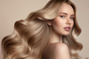 flawless portrait of a woman with cascading blonde waves and subtle makeup, showcasing hair health and styling finesse