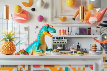 A futuristic kitchen with a dinosaur chef cooking vegan fast food, vibrant colors on a white background