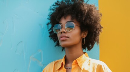 Fashion-forward woman sporting an afro hair, sunglasses against a colorful striped background in summer