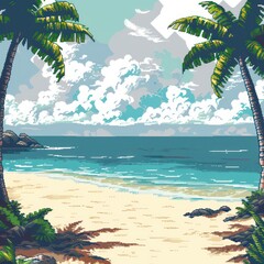This pixel art showcases a relaxing tropical beach scene with palm trees framing a serene sea, inviting a sense of calm and holiday vibes