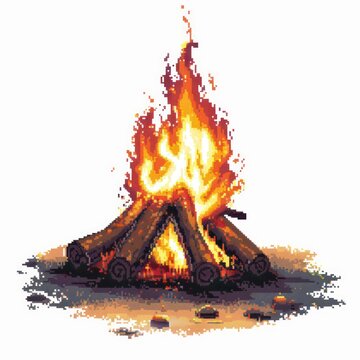 A stylistic pixel art representation of a campfire, with detailed flames and embers that convey warmth and comfort in a digital format