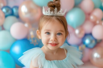 Close-up of a young birthday girl wearing a dazzling tiara, with bokeh lights background, exuding childlike innocence and royalty..