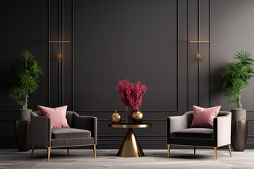 Interior design modern living room with black dark gray walls grey sofa chair coffee table and plants luxury living room wall mockup