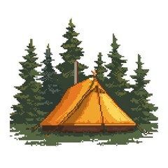 A cozy pixel art depicting a bright yellow camping tent set amidst towering evergreen trees in a serene forest setting, invoking a sense of adventure