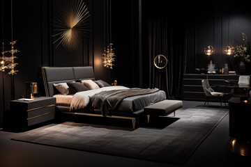 Luxurious large bedroom with black dark gray walls and a bed lamps on side table bedroom interior design