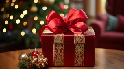 Vibrant Christmas Gift on Table with Tree in Background, AI Created